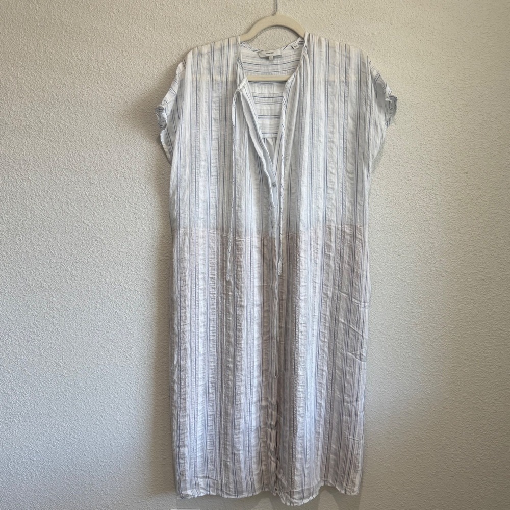Vince Womens Striped Seersucker Midi Dress Blue White Split Neck Tie Front S